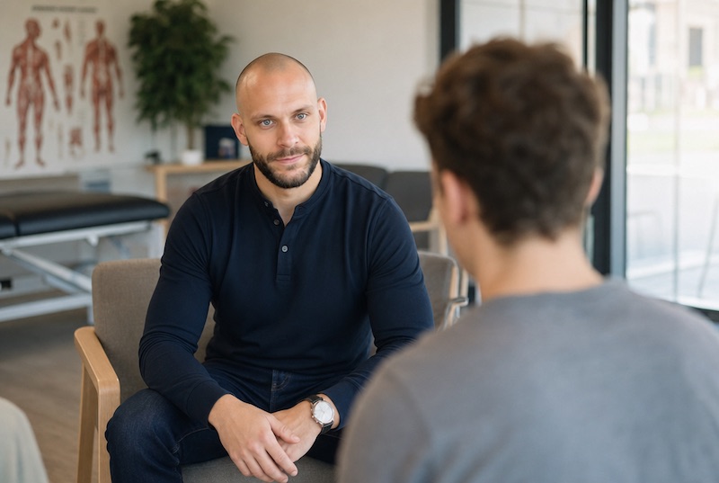 Sebastian Grund im Beratungsgespräch mit einem Patienten
