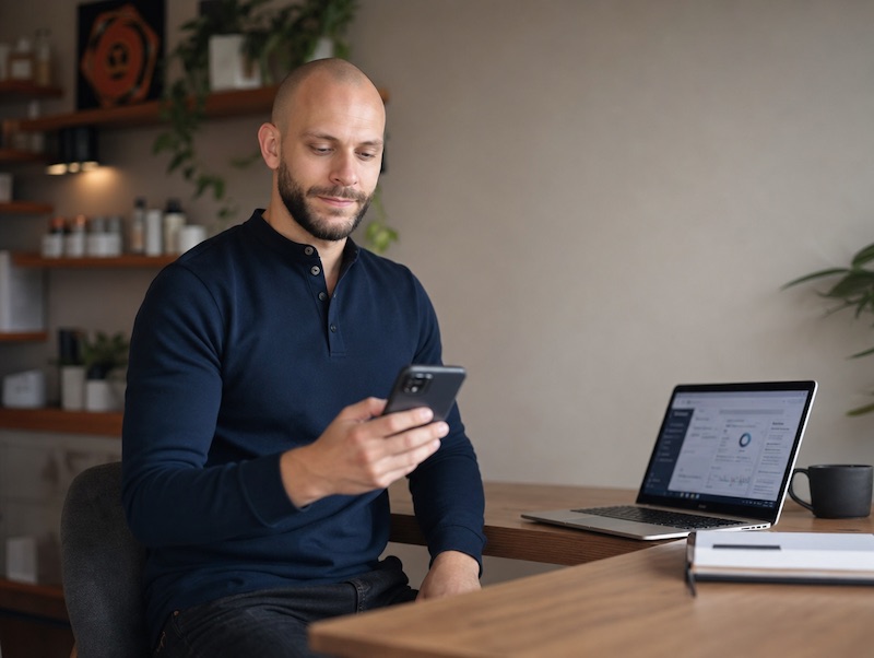 Sebastian Grund analysiert Kennzahlen am Smartphone und Laptop