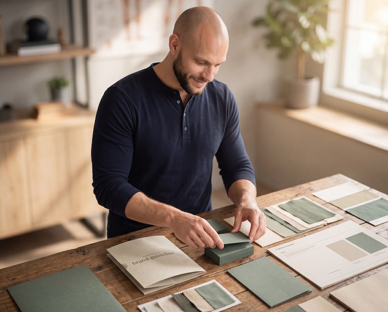 Sebastian Grund legt Markenmaterialien und Farbmuster aus