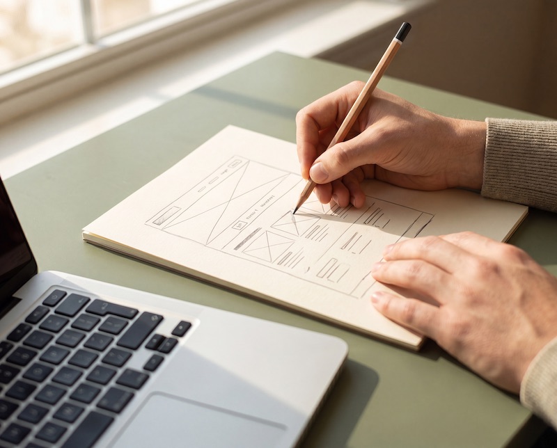 Hand skizziert ein Website-Wireframe mit Bleistift